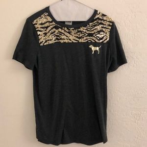 gray, gold, and black PINK shirt